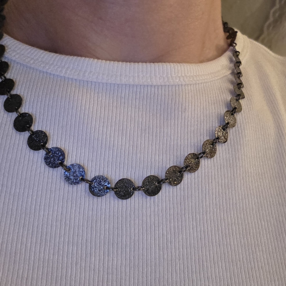 Boho Hammered Disc Coin Choker Necklace Dark Metallic Shimmer Collar